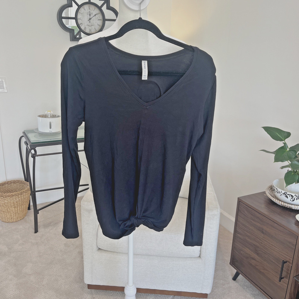 Spanx Black Long Sleeve Top Sz M V Neck Tie Front Slinky Date Night Comfort Slim